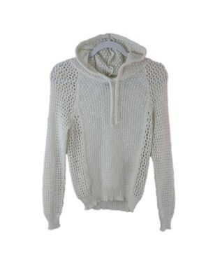Poof! White Crochet Knit Long Sleeve Pullover Drawstring Neckline Hoodie Top